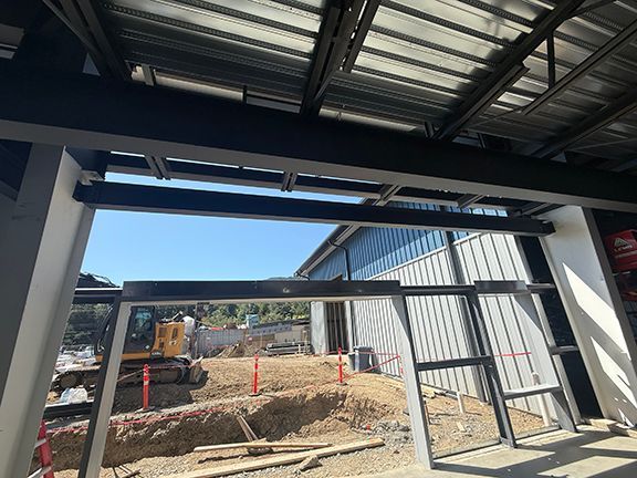 Looking out from inside a PEMB construction project.