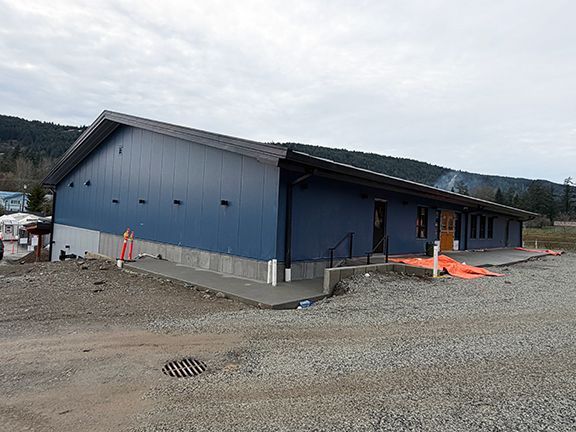 View of PEMB structure at Ganges, BC sitting on its concrete foundation.