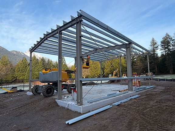A steel frame structure under construction by Double Black Construction.