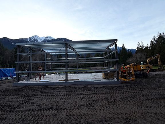 A steel frame building under construction just before metal wall panels are added.