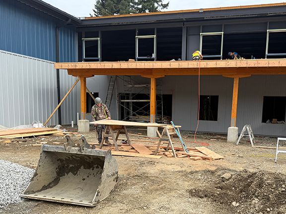 View of building overhang on Salt Spring Island building project in summer of 2025.
