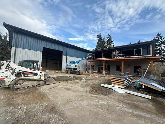 Lower front view of PEMB structure under construction on Salt Spring Island, BC.
