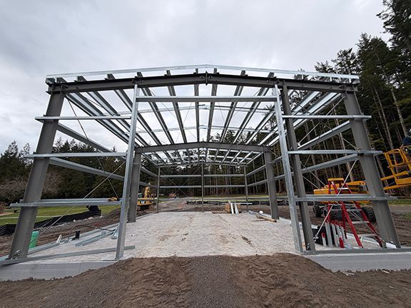 Closer view of the steel building framing at a construction jobsite in Squamish, BC.