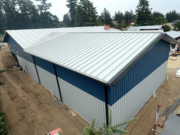 Aerial view of the Windsor Plywood building nearing construction.