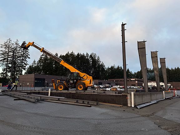 Steel framing for welding building gets installed in Nanaimo, British Columbia.