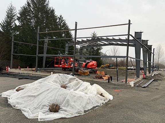 Pre-engineered metal building under construction in Nanaimo, British Columbia.