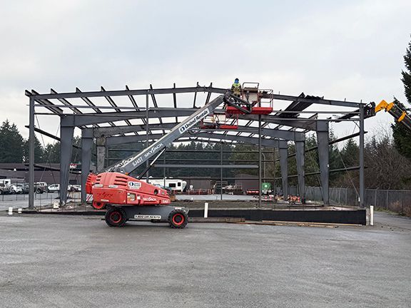 Front view of steel framing for a metal building project in British Columbia.