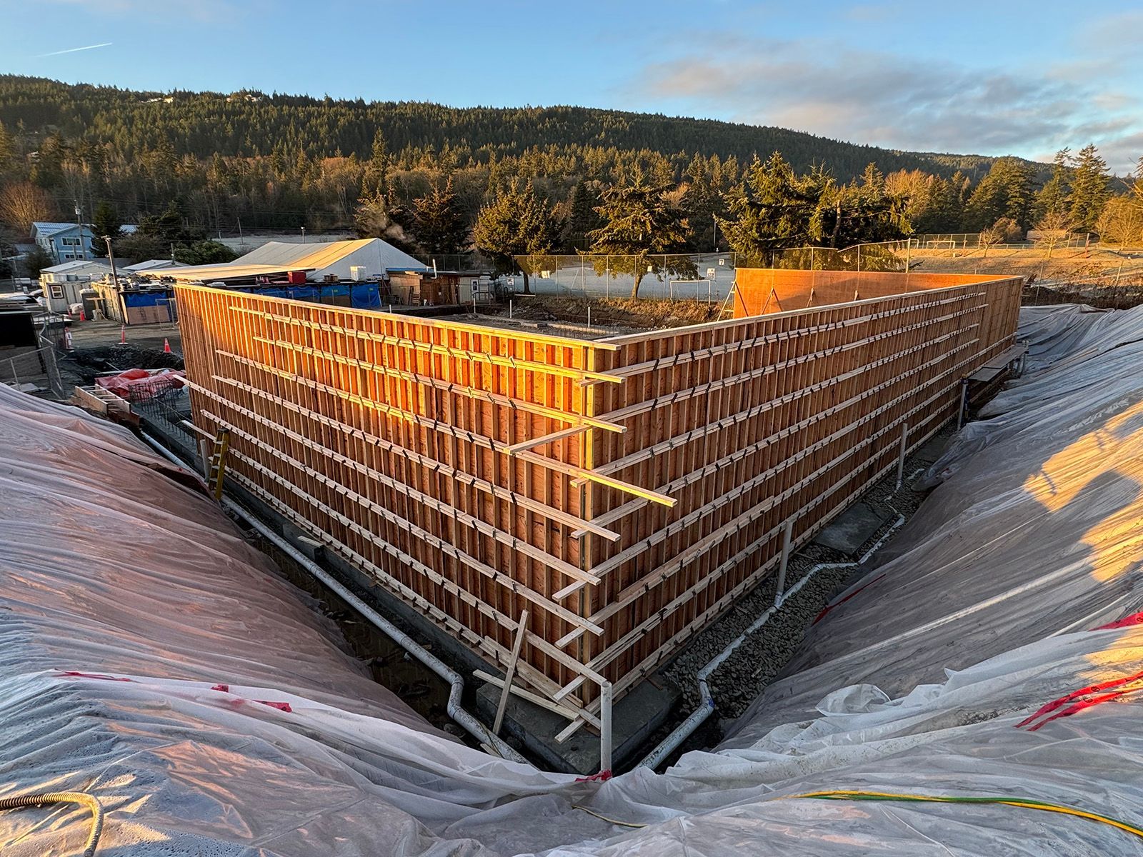 Jobsite view of the wooden form construction on Salt Spring Island in British Columbia.