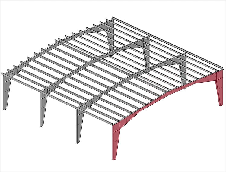 Example of steel building's clear span framing.