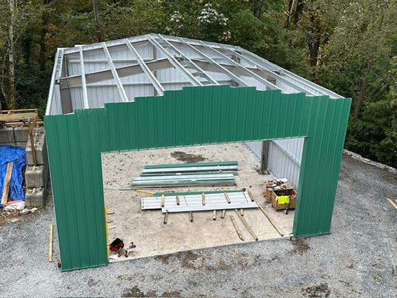 An aerial view of a metal work shed under construction in Langley, B.C.