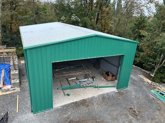 A top-level view of a metal building work shop under construction in Langley by Double Black Construction.