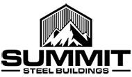 A black and white logo for summit steel buildings with a mountain in the middle.
