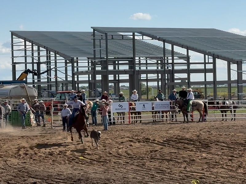 A group of people are riding horses in a dirt field.