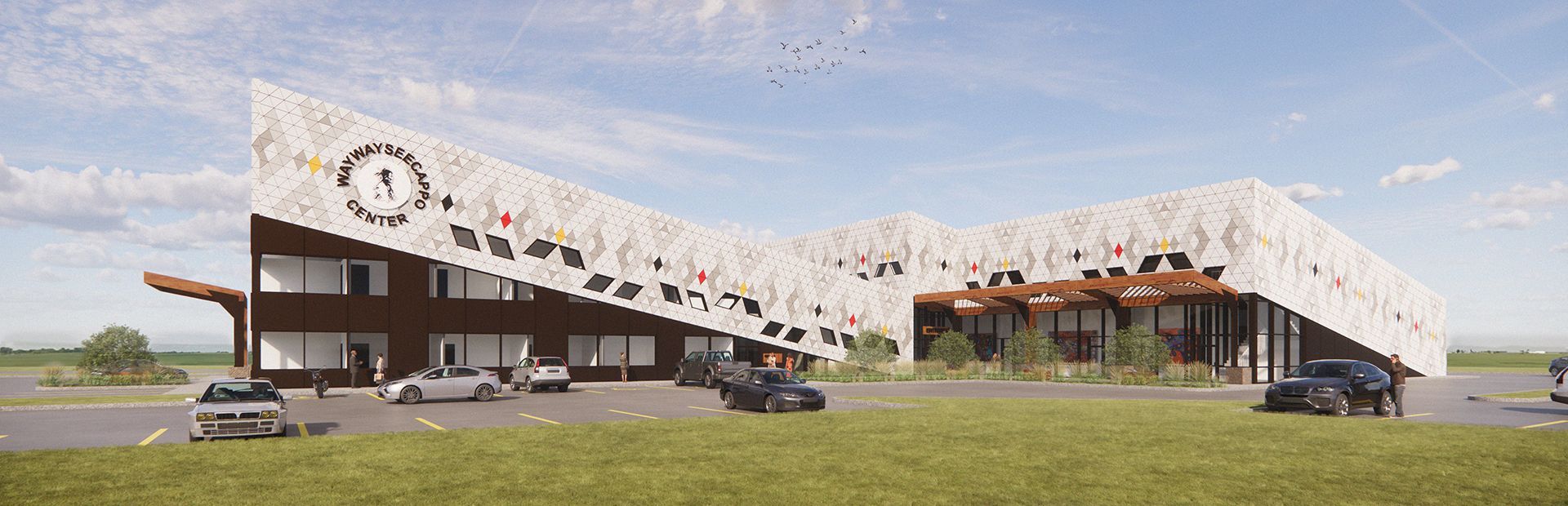 An artist 's impression of a large building with cars parked in front of it.