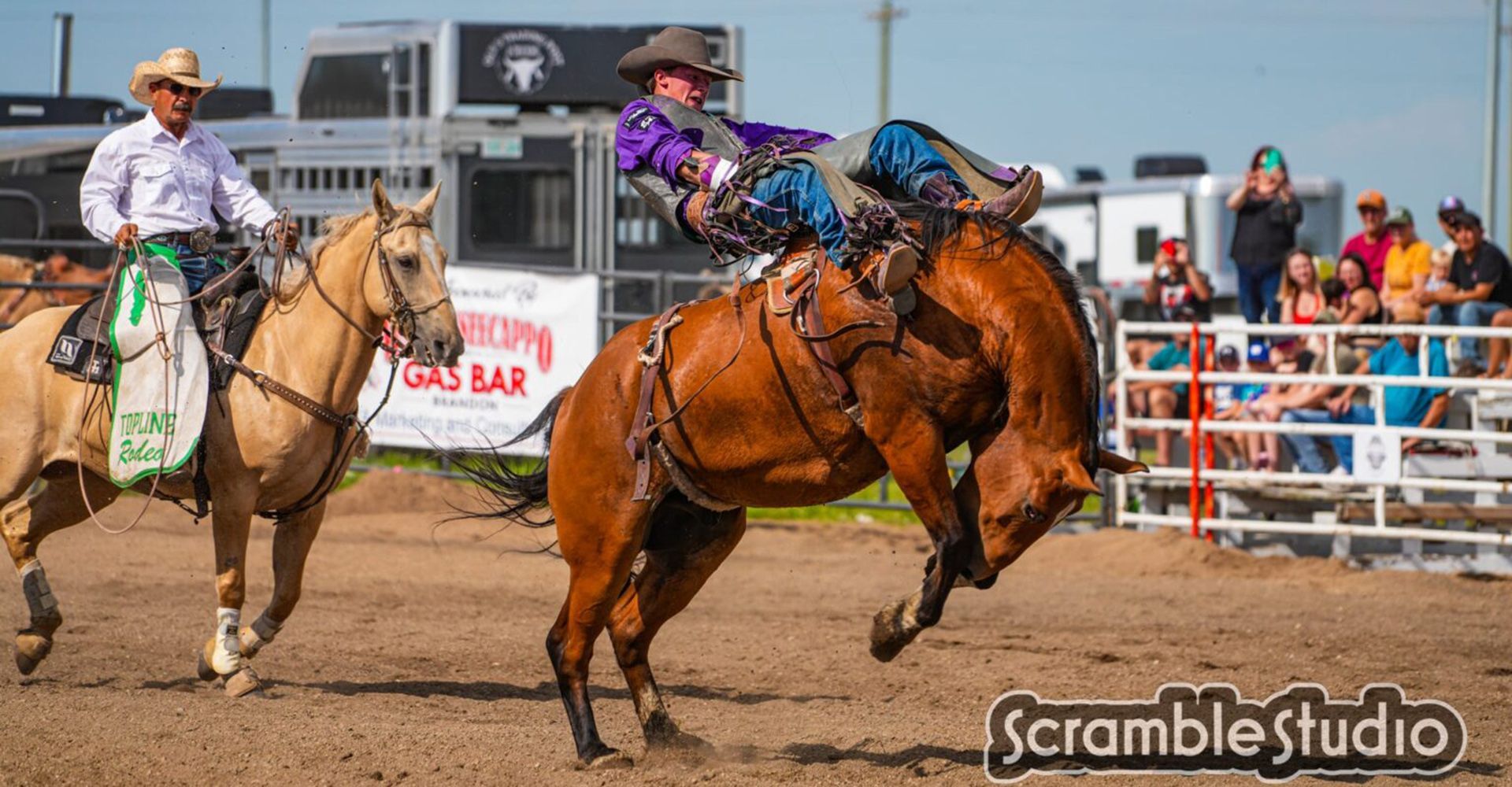 Double Black Construction sponsors Waywayseecappo rodeo with bucking horses.