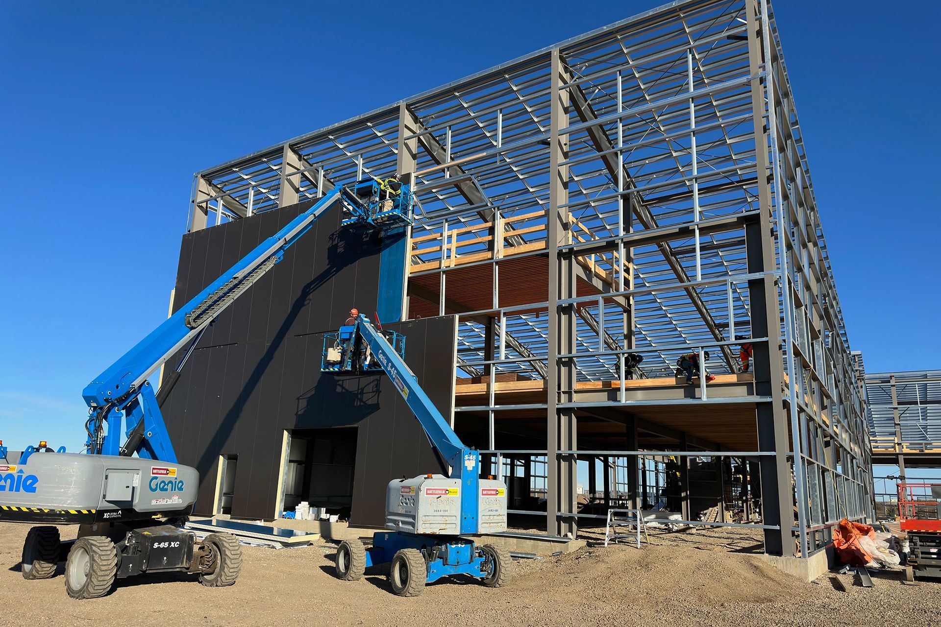 A construction site with a large building under construction