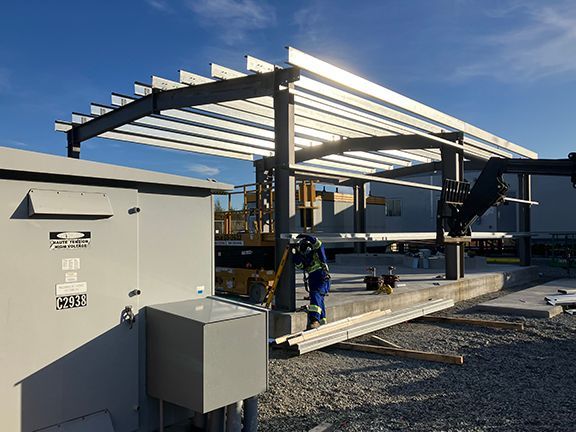 Metal framing for a steel building project at Vancouver Airport.