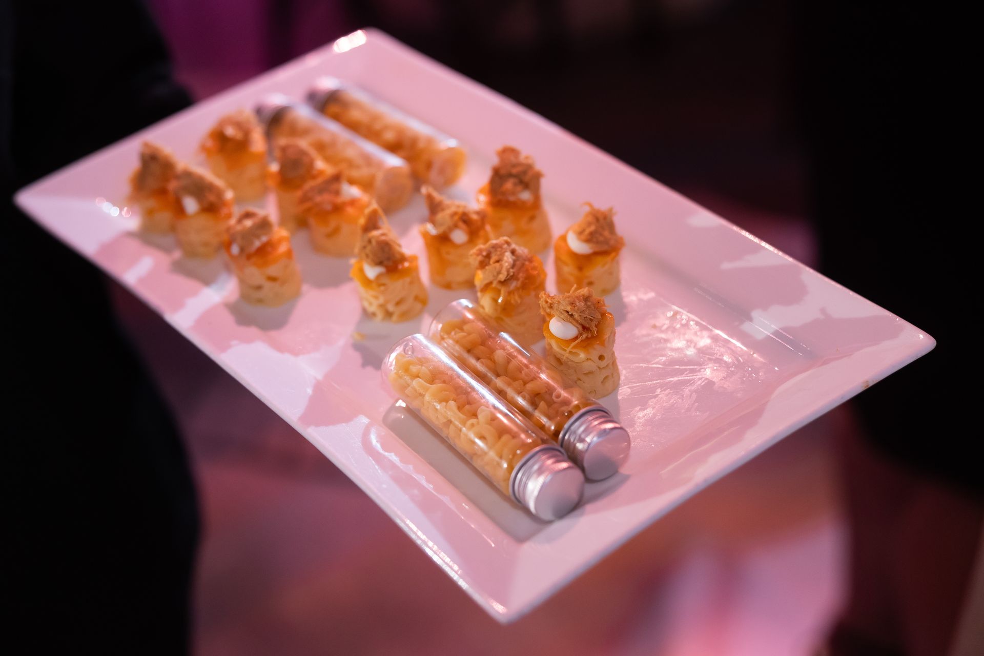 A person is holding a white plate with a bunch of food on it.