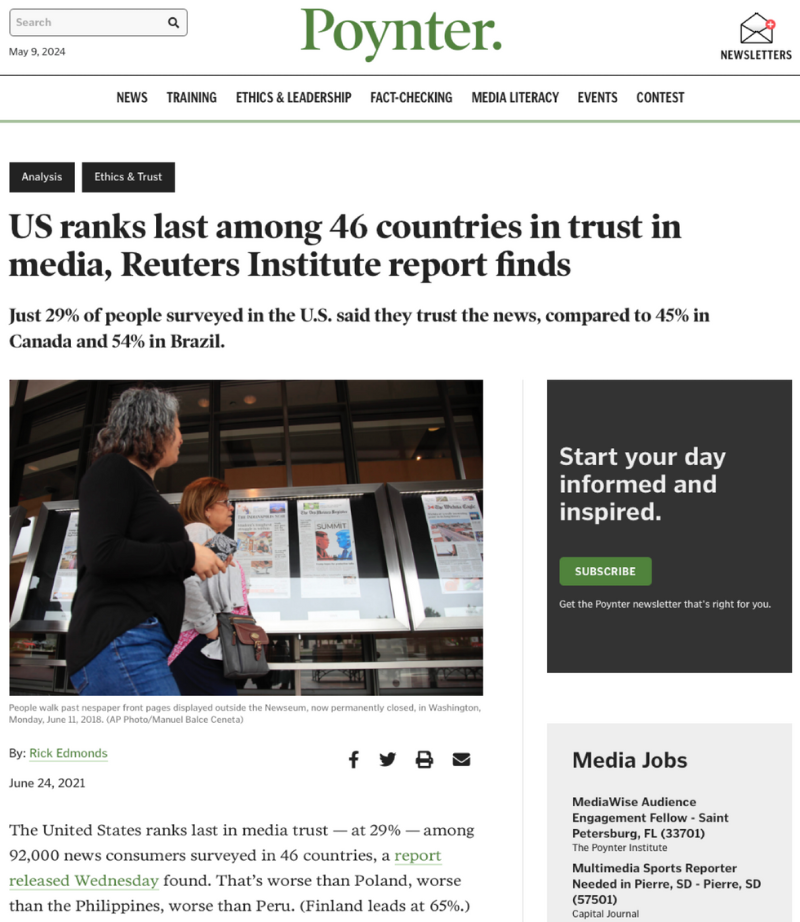 Us ranks last among 46 countries in trust in media , reuters institute report finds