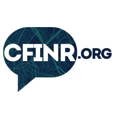 The logo for cfinr.org is a speech bubble with a map on it.