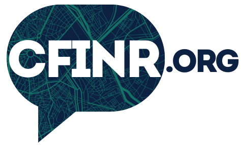 The logo for cfinr.org is a speech bubble with a map inside of it.