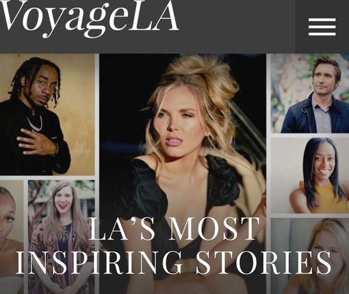 VoyageLA website homepage featuring multiple photos of people, with text 