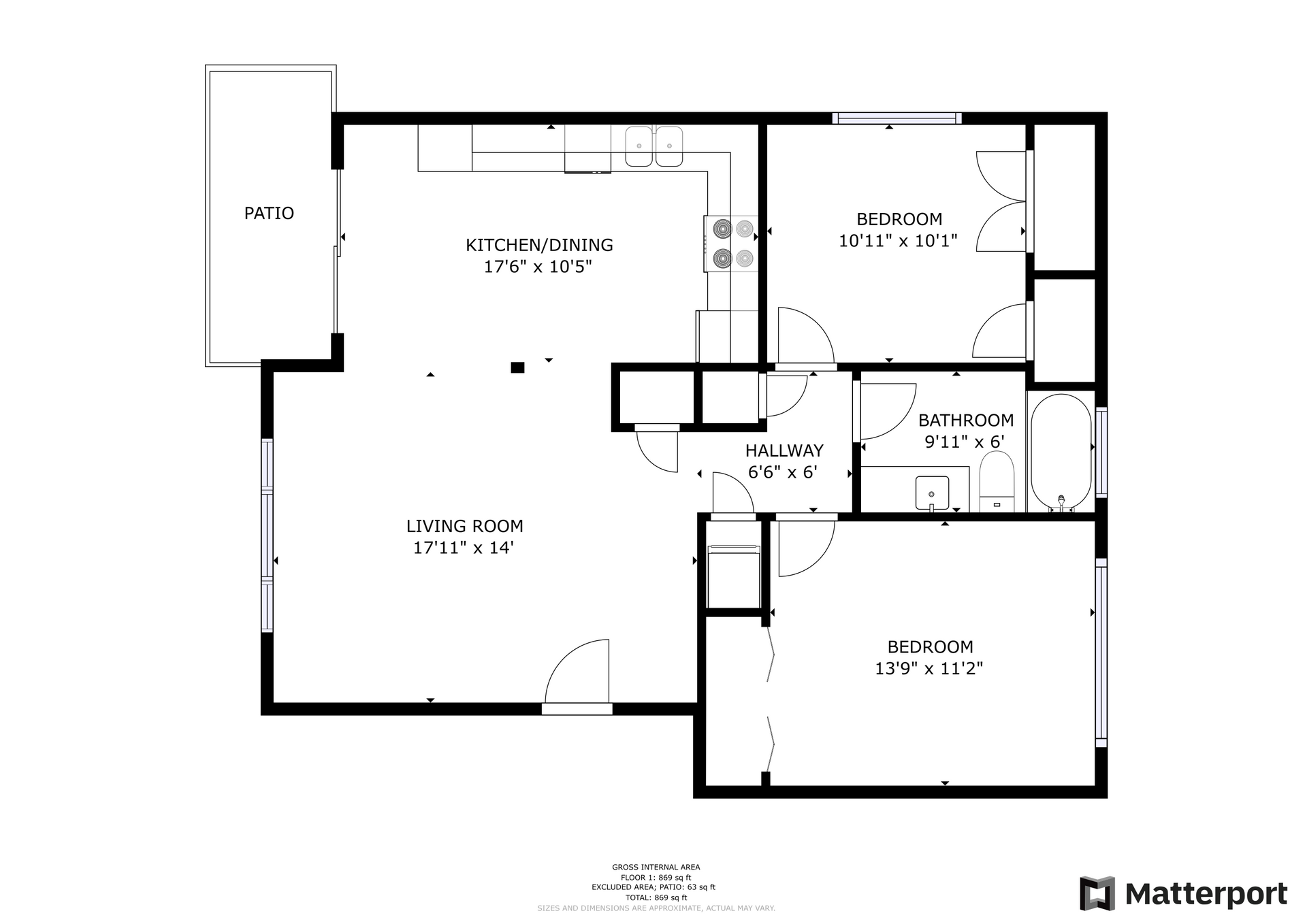 Floorplan for a 2 bed 1 bath apartment