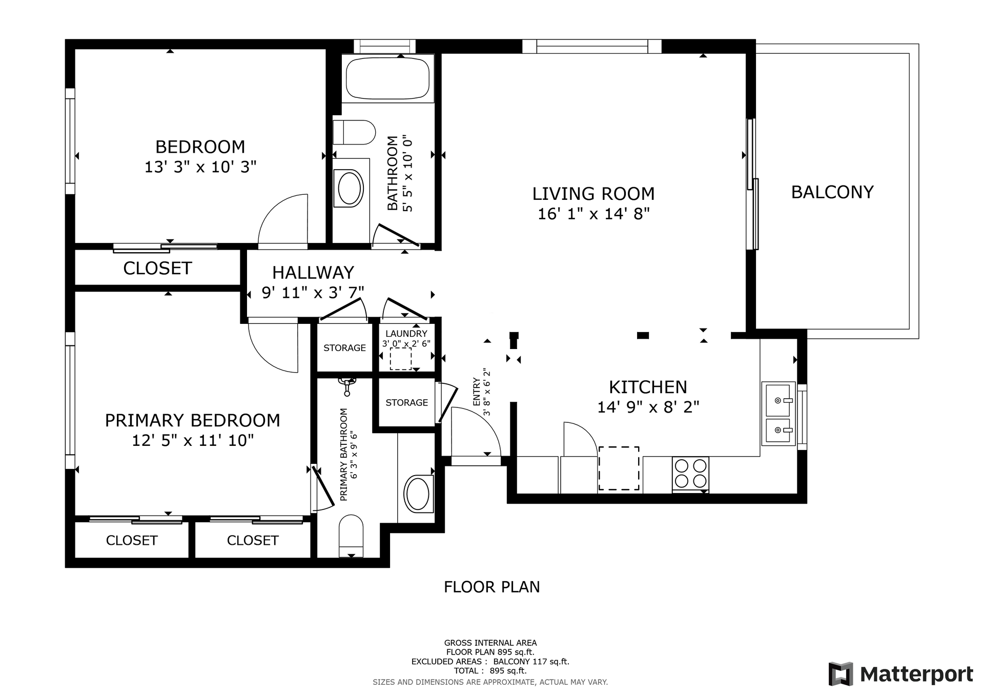 Floorplan for a 2 bed 2 bath apartment