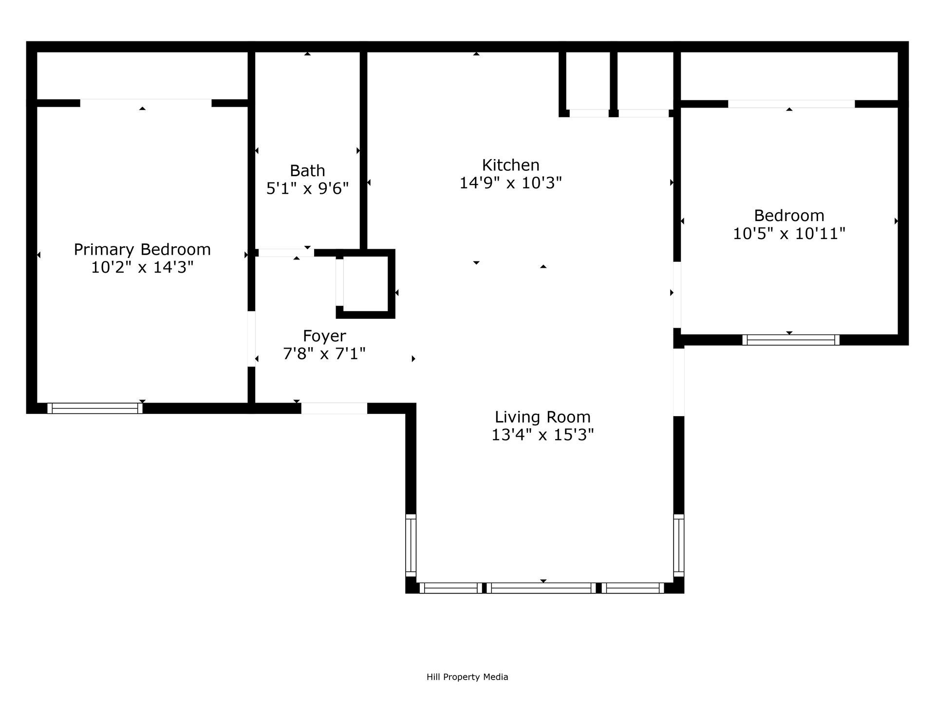 floorplan of a two bed, one bath apartment