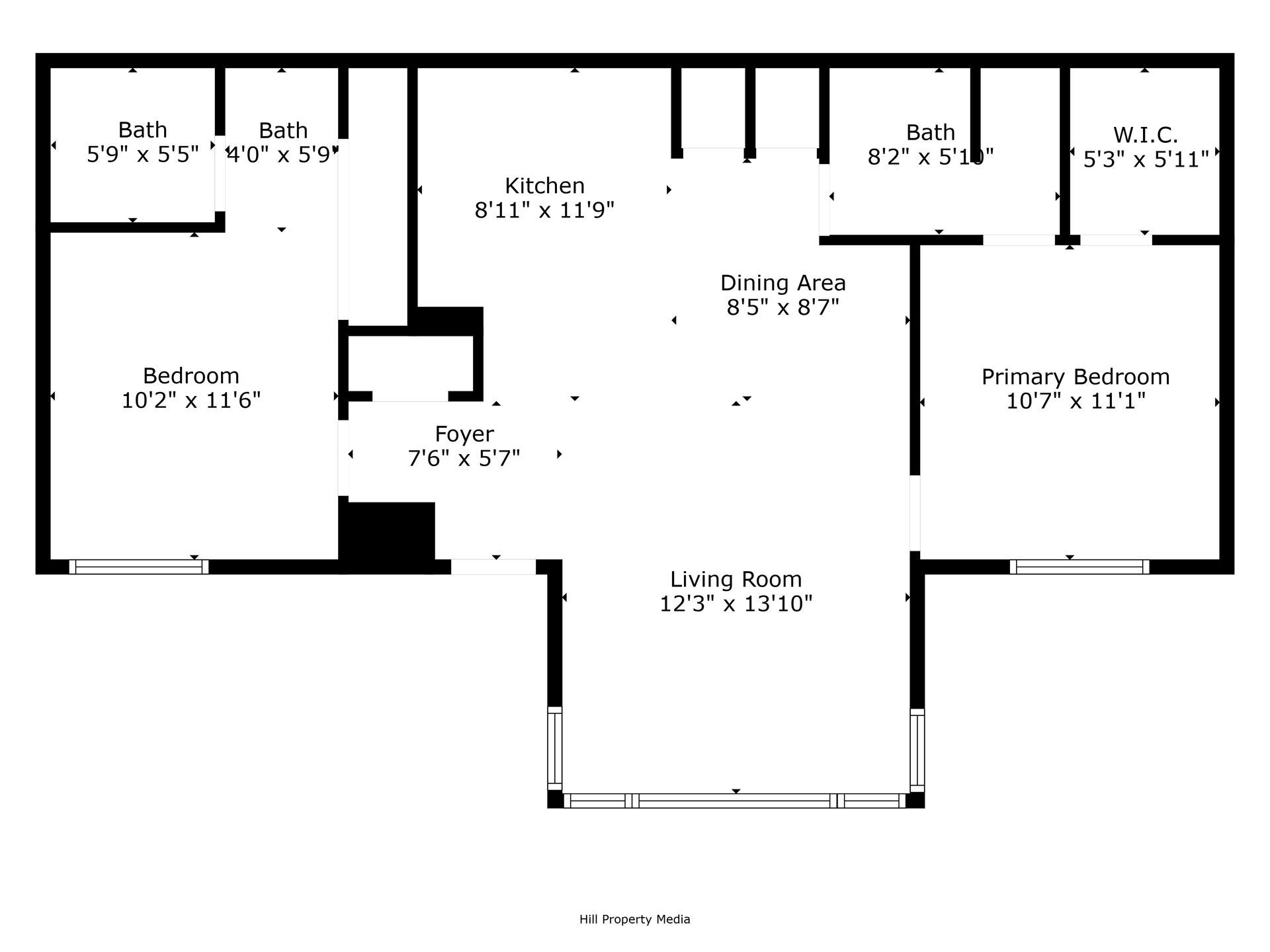 floorplan of a two bed, two bath apartment