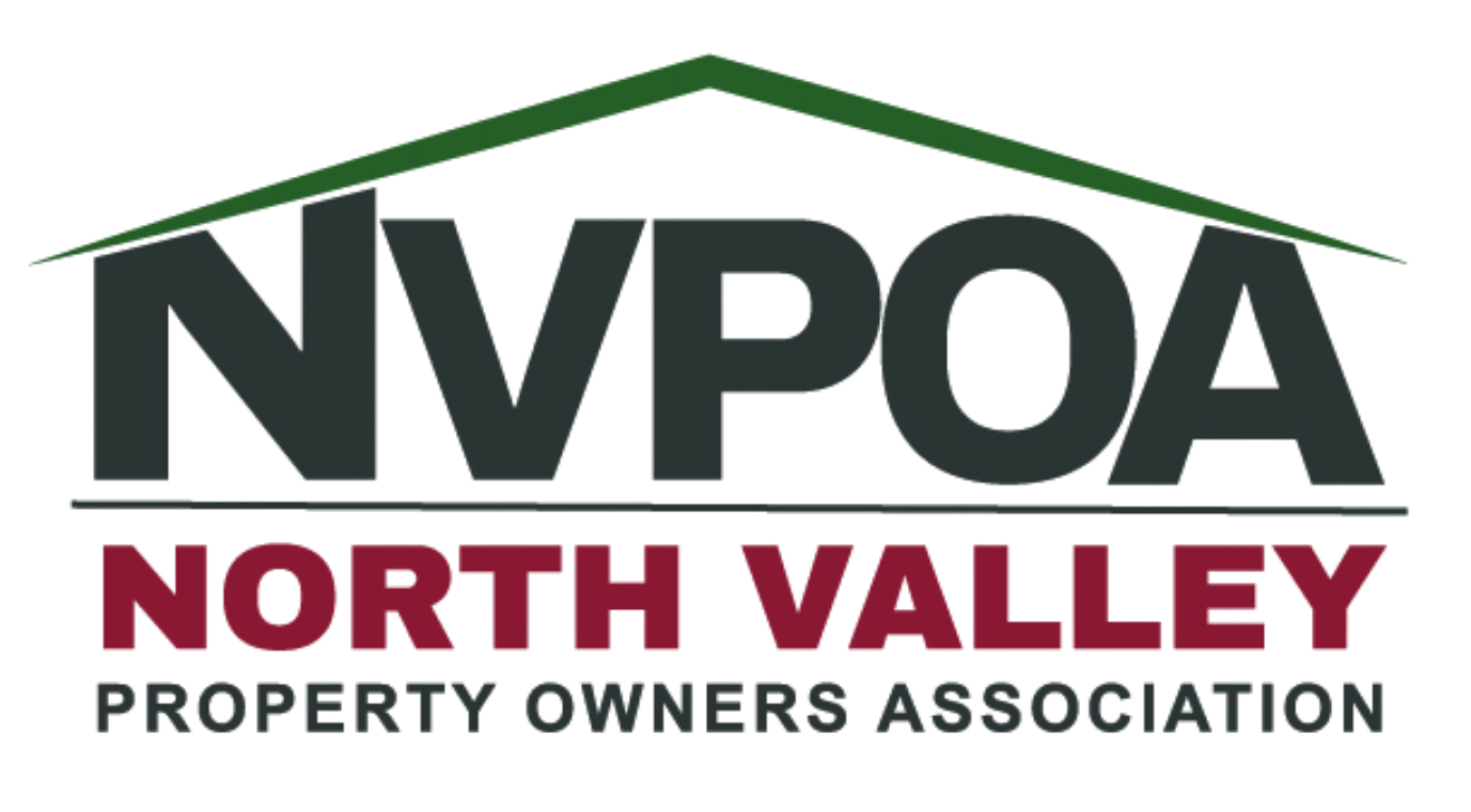 The logo for the north valley property owners association shows a house and a mountain.
