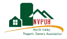 The logo for the north valley property owners association shows a house and a mountain.