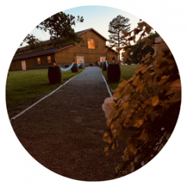 Circular view of a wooden lodge and walkway at sunset, lined with tall hedges and trees.
