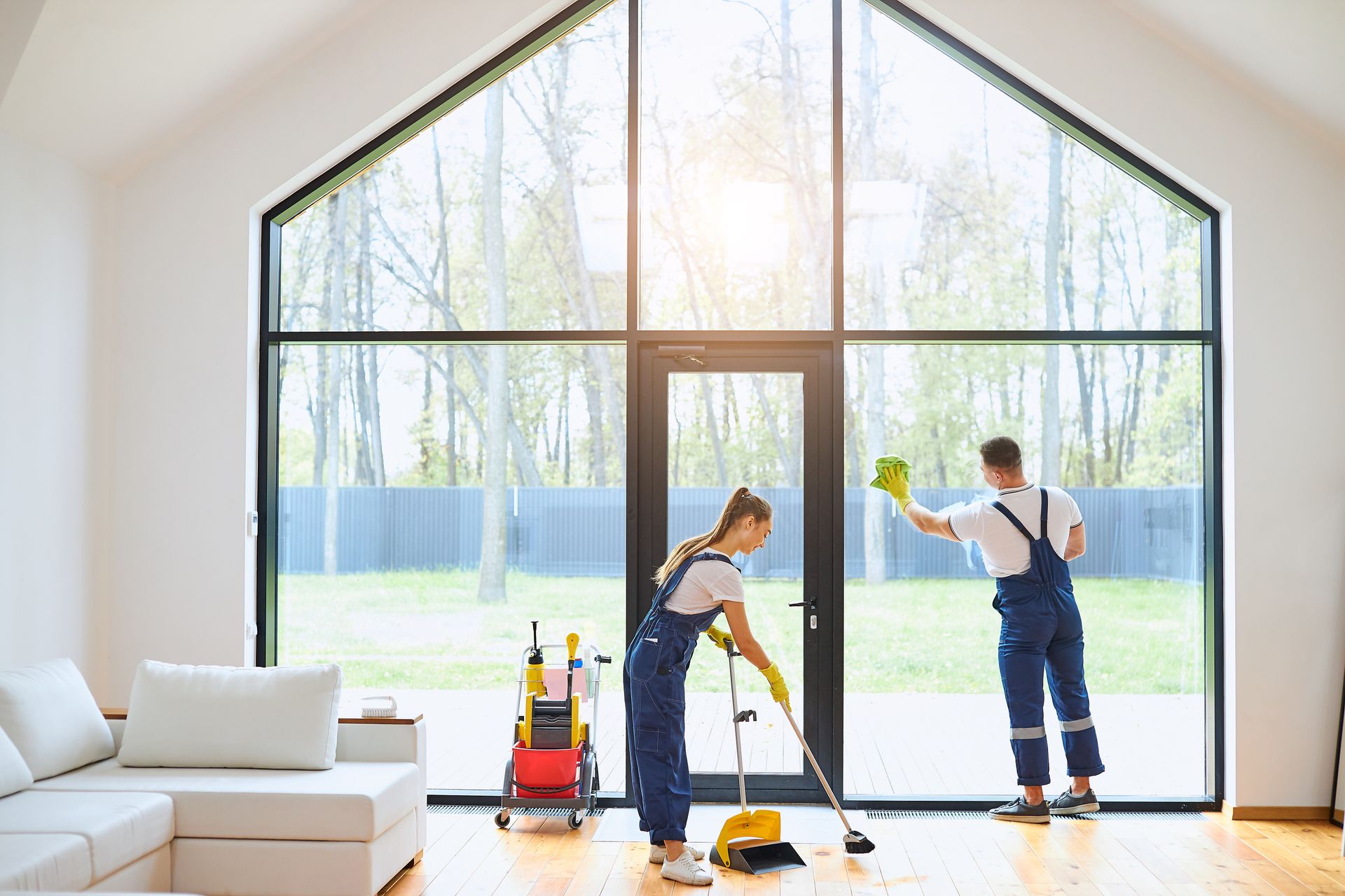 Two people cleaning a room with a window, showcasing affordable house cleaning services. Two people cleaning a room with a window, showcasing affordable house cleaning services.