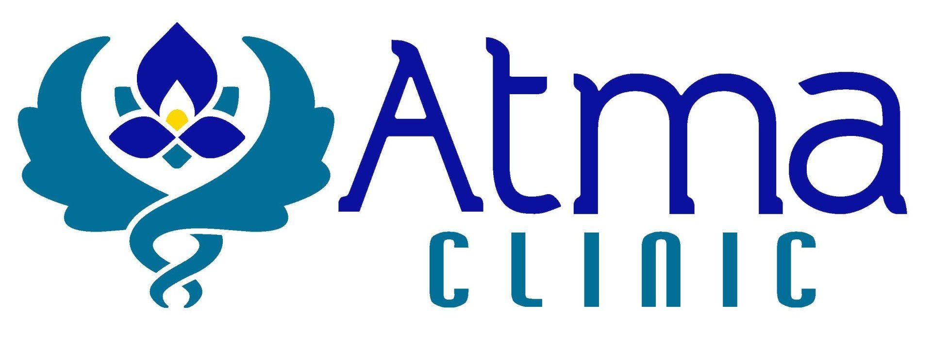 a blue and white logo for alma clinic