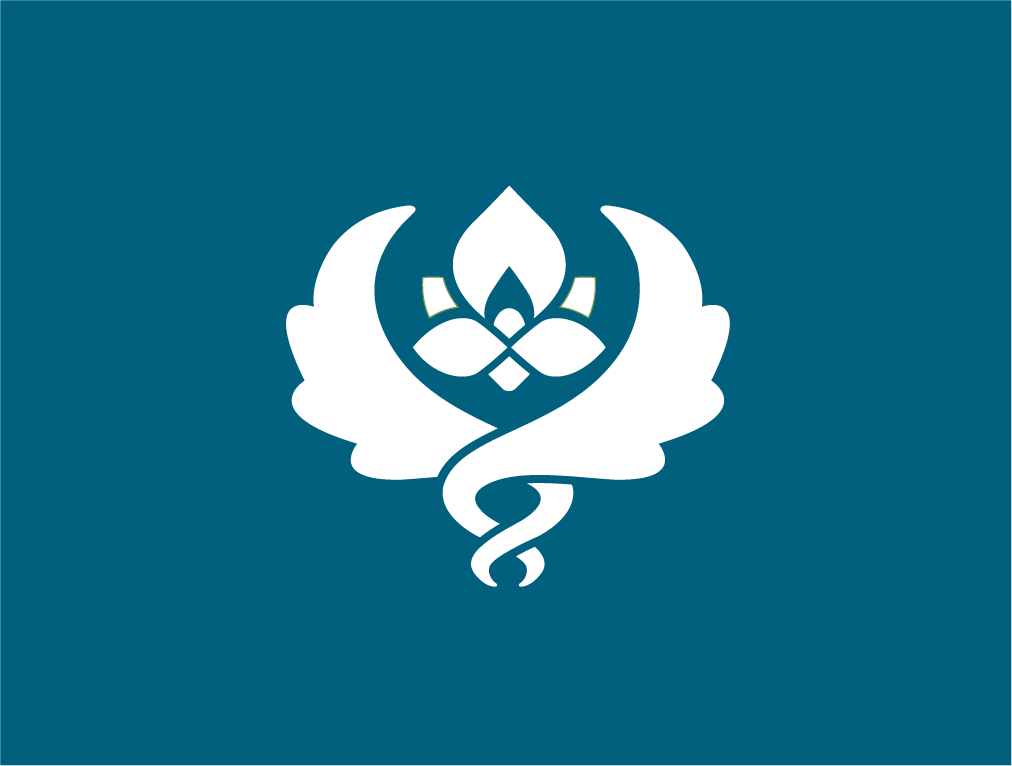 a white caduceus with wings and a flower on a blue background .