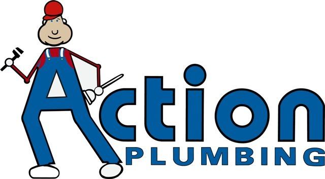 a logo for action plumbing with a cartoon man holding a wrench
