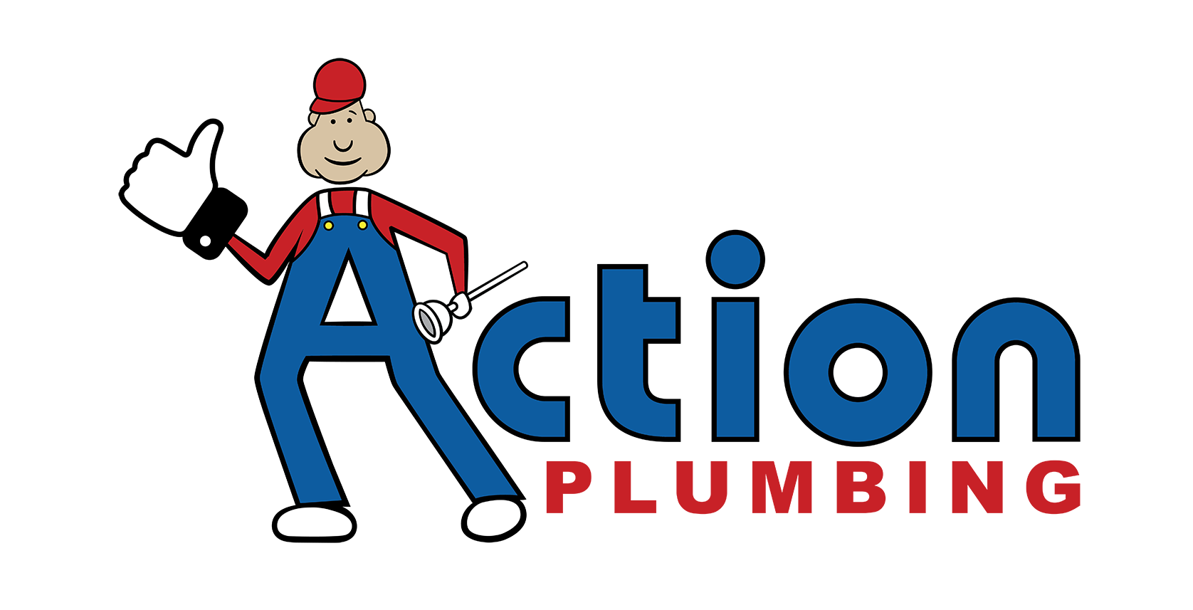 a logo for action plumbing with a cartoon man giving a thumbs up