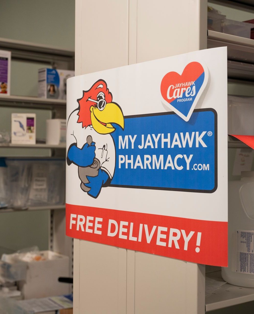 Professional photograph of a My Jayhawk Pharmacy sign at a pharmacy.