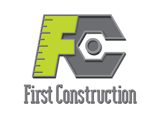 a logo for first construction with a ruler and a nut
