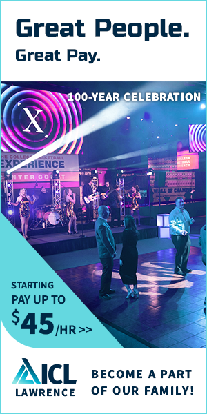 an advertisement for icl lawrence that says great people great pay