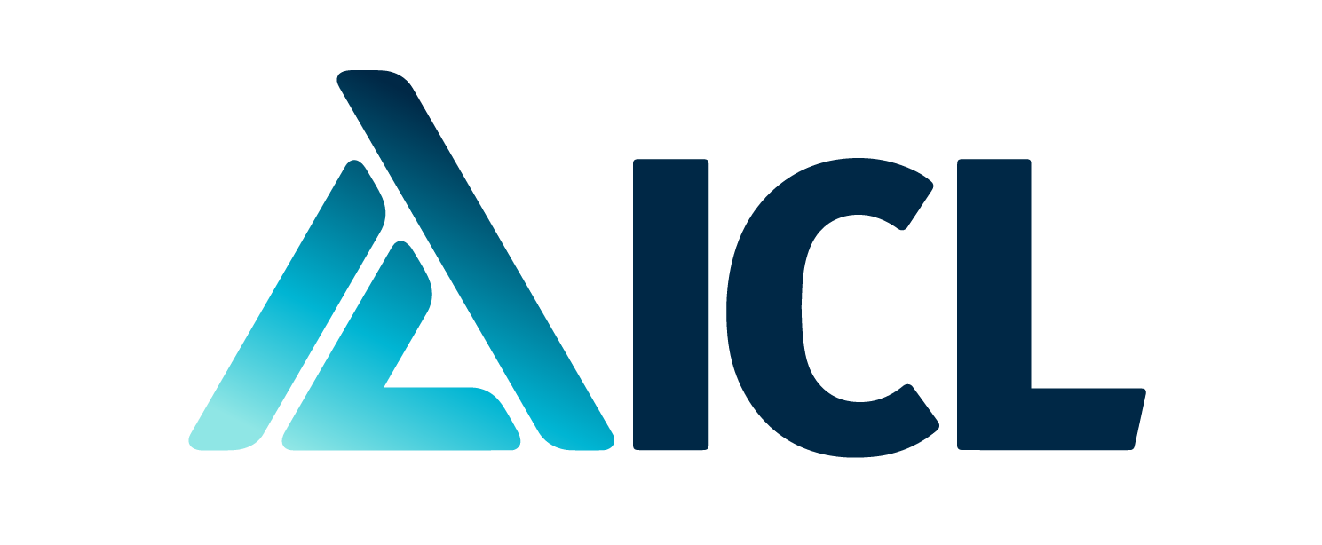 a blue and white logo for icl on a white background