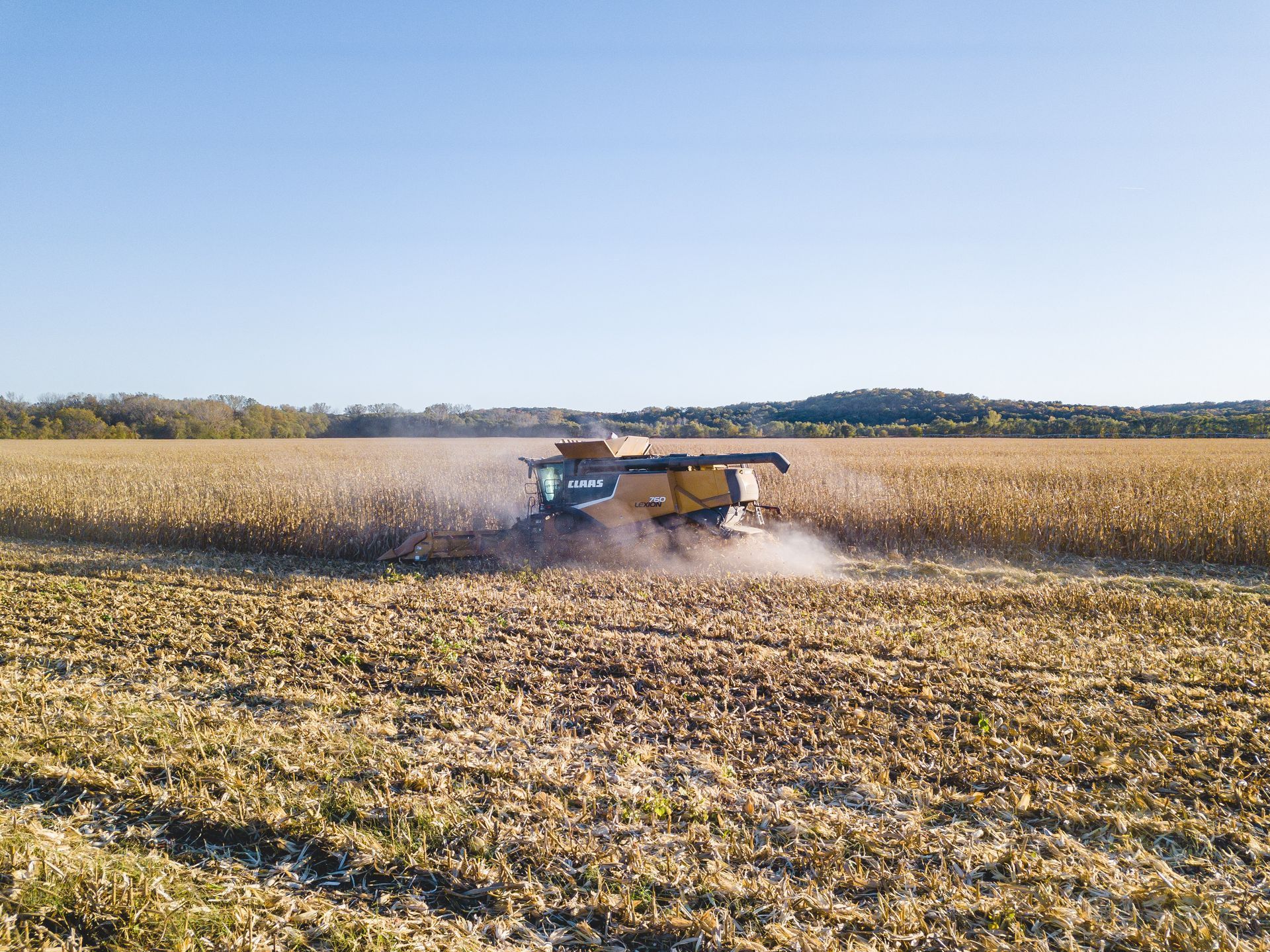 Drone photograph of wheat fields being harvested taken by KMG.