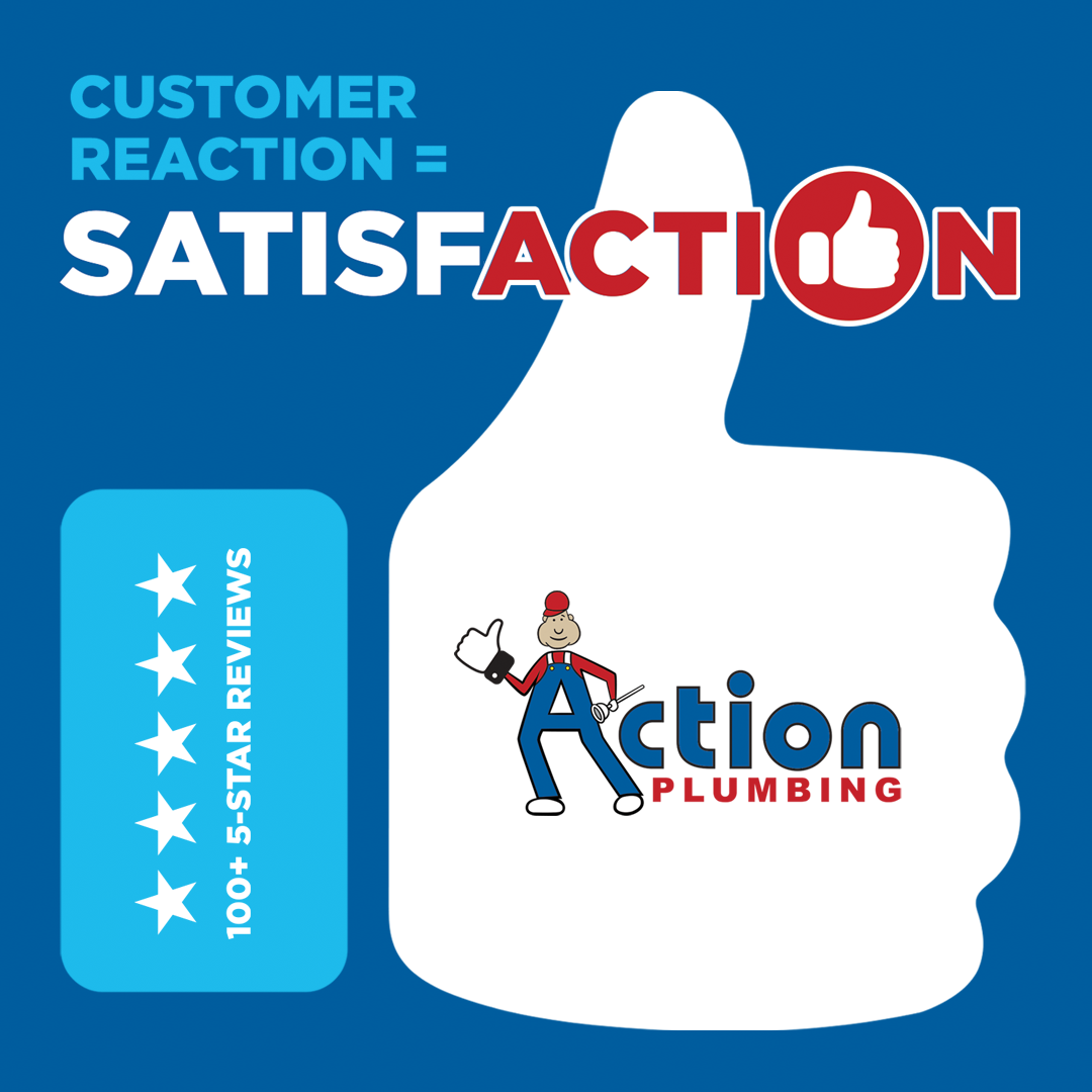 an advertisement for action plumbing with a thumbs up