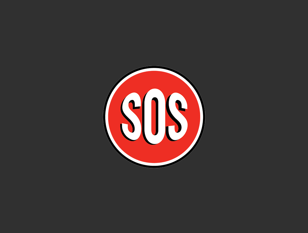 a red sos sign is on a black background .