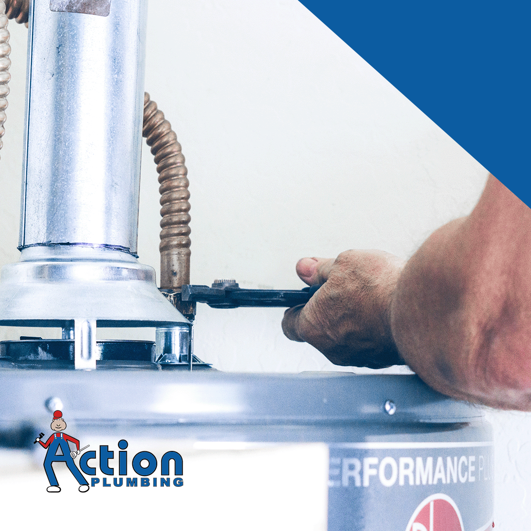 a man is working on a water heater with the words action plumbing on the bottom