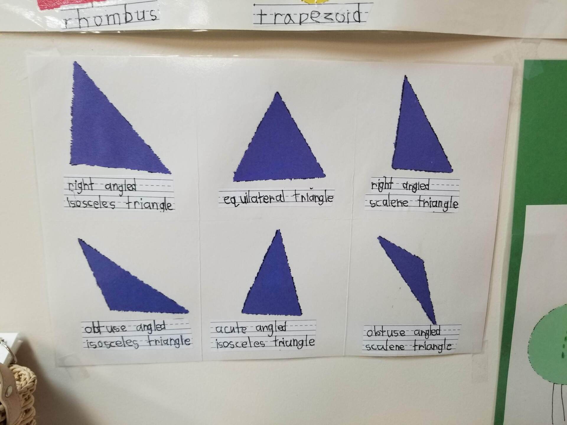 A display of different types of triangles on a wall in the montessori classroom