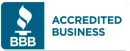 Blue BBB Accredited Business logo with white flame icon and text.