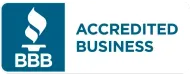 Blue BBB Accredited Business logo with white flame icon and text.