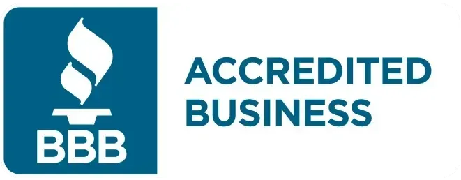 Blue BBB Accredited Business logo with white flame icon and text.